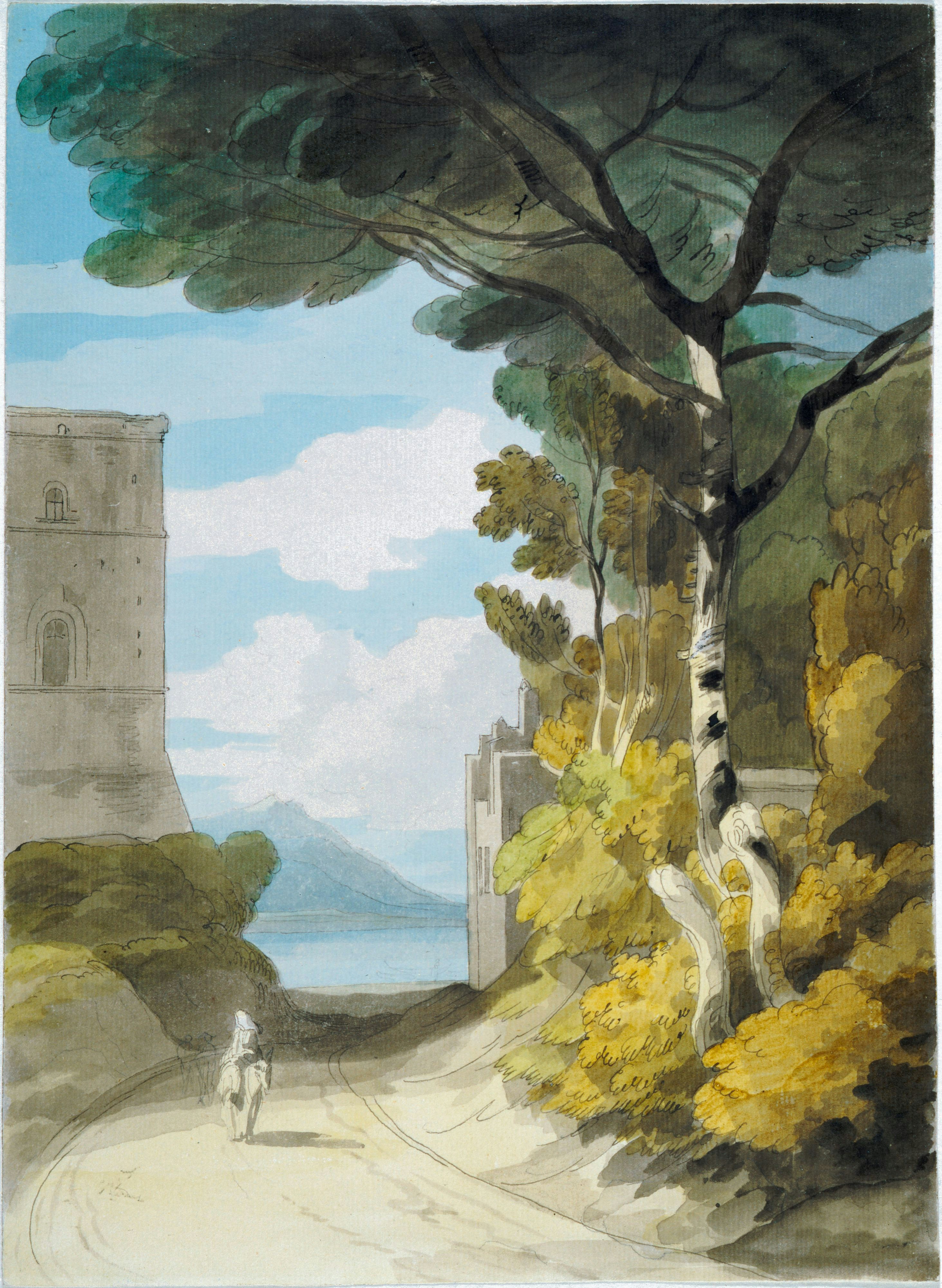 watercolor painting of building near sea